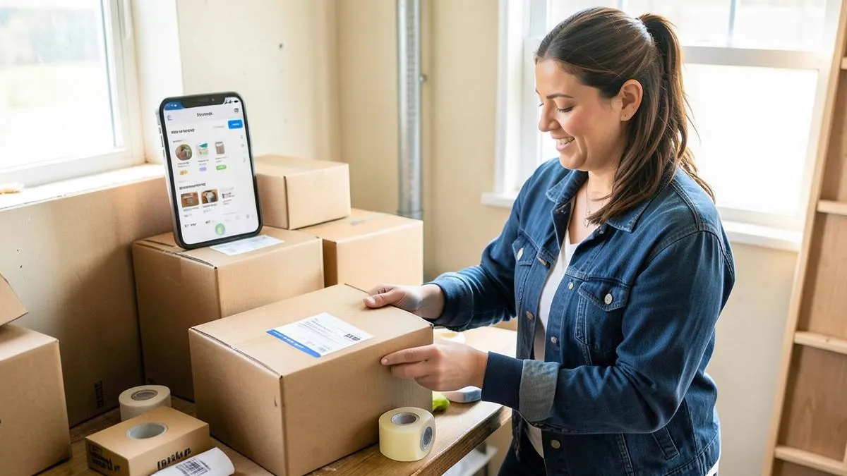 Emprendedora latina preparando el envío de un producto vendido en Amazon