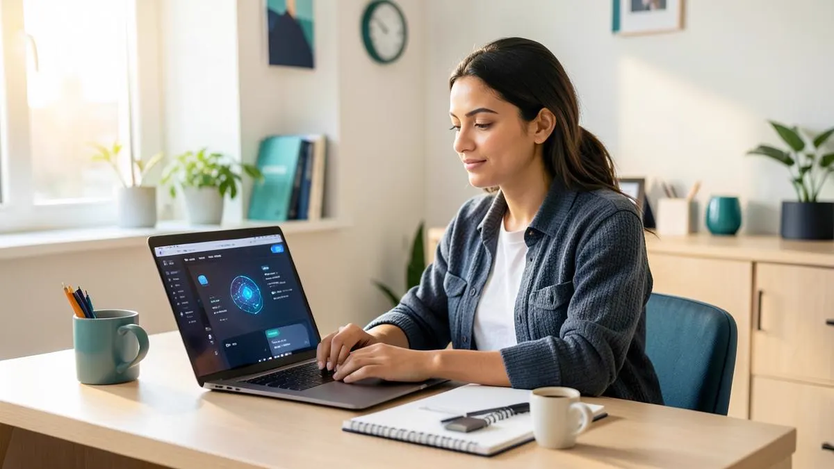 Emprendedora latina usando ChatGPT en su portátil para aumentar sus ingresos
