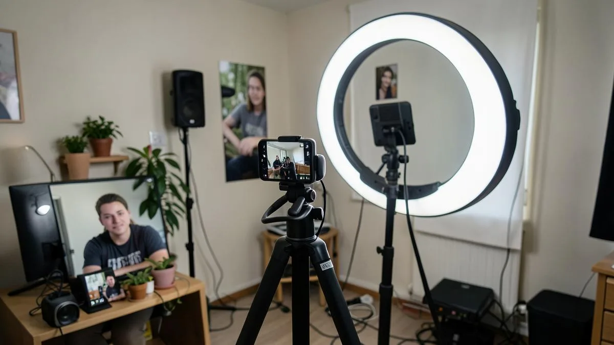 Móvil en trípode con aro de luz grabando varios videos cortos en un estudio casero