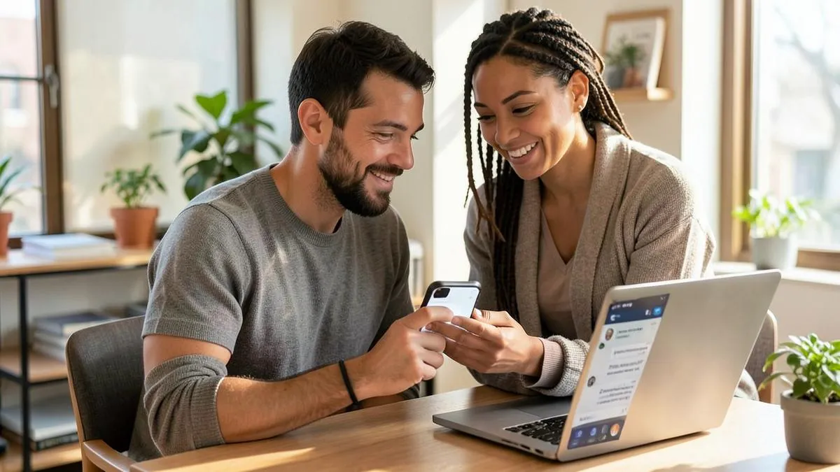 Dos personas revisando mensajes de clientes en un móvil junto a un portátil