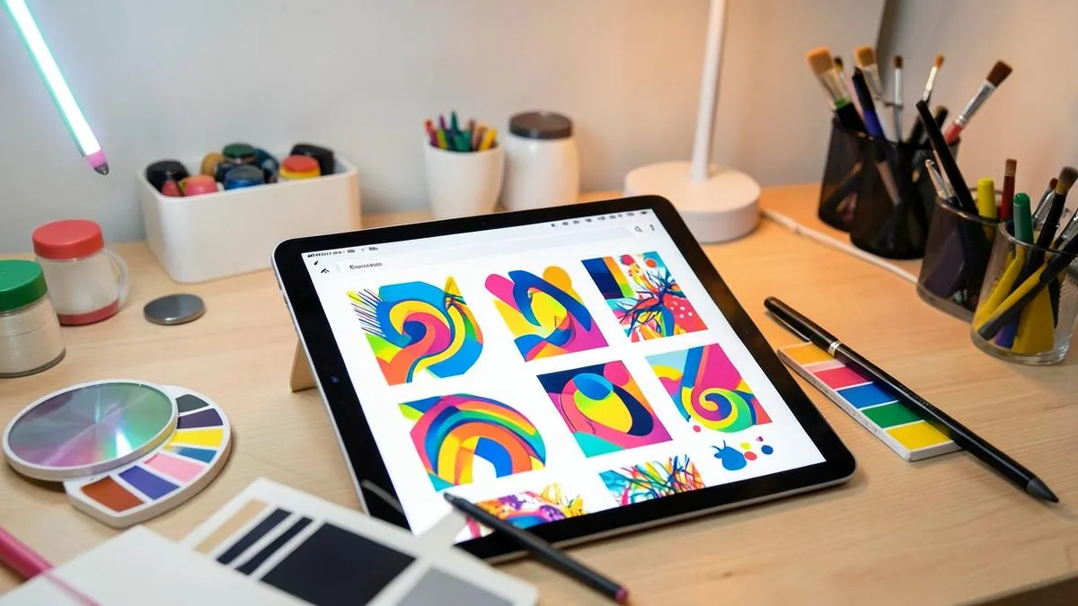 Tableta con ilustraciones generadas junto a paletas de color y lápiz digital