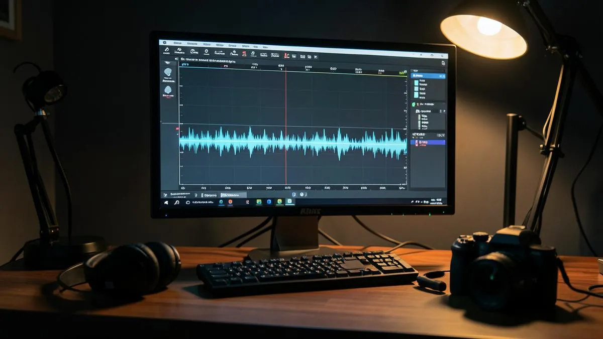 Monitor con línea de tiempo de edición de video y onda de audio en un estudio