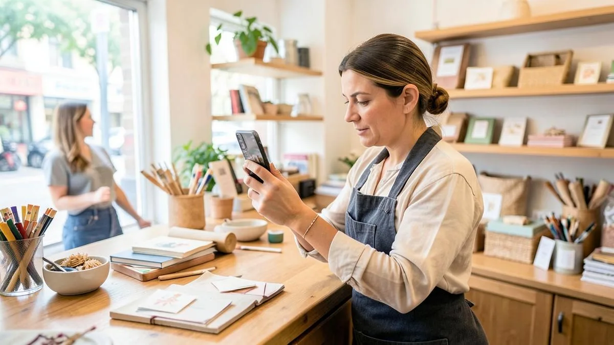 Dueña de una tienda fotografiando sus productos con el móvil sobre el mostrador