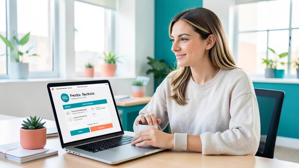 Emprendedora latina mostrando un lead magnet descargable para captar suscriptores