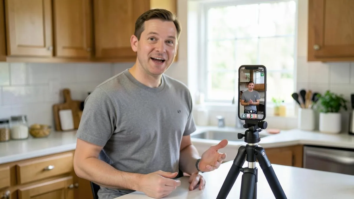 Persona grabando un video vertical con el móvil en trípode en la cocina de su casa
